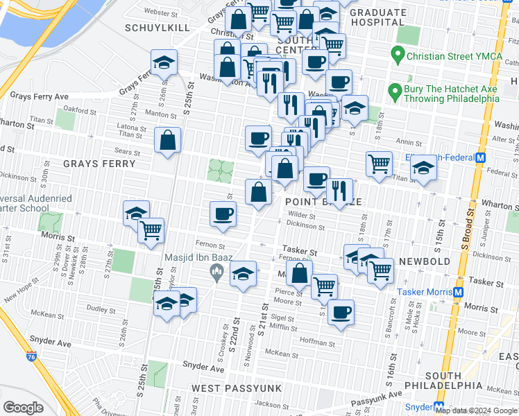 map of restaurants, bars, coffee shops, grocery stores, and more near 2216 Reed Street in Philadelphia