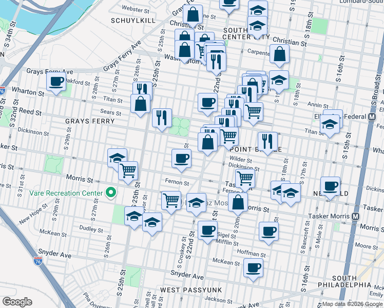 map of restaurants, bars, coffee shops, grocery stores, and more near 2216 Reed Street in Philadelphia