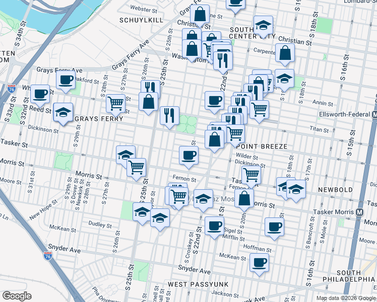 map of restaurants, bars, coffee shops, grocery stores, and more near 2311 Gerritt Street in Philadelphia