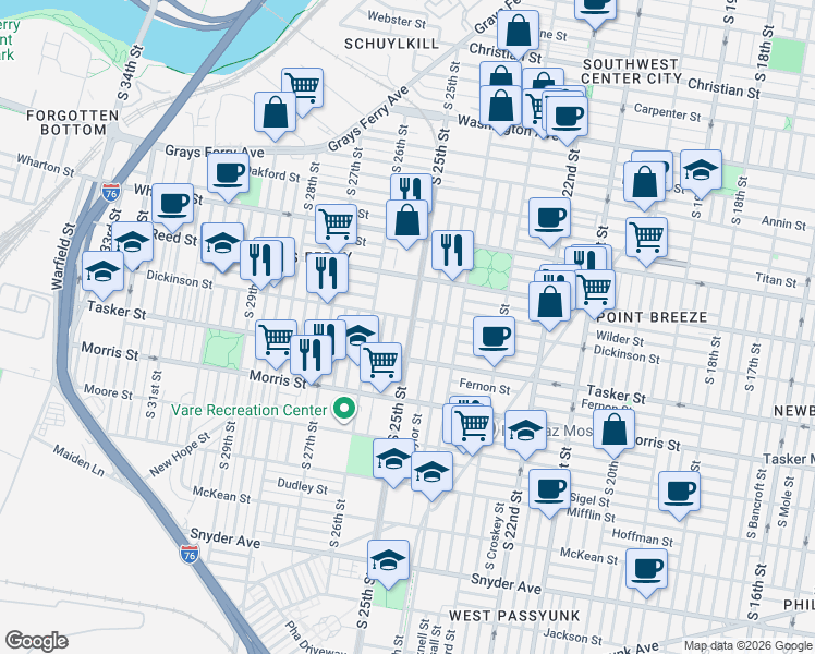 map of restaurants, bars, coffee shops, grocery stores, and more near 1455 South 25th Street in Philadelphia
