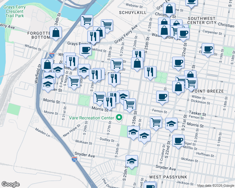 map of restaurants, bars, coffee shops, grocery stores, and more near 2641 Dickinson Street in Philadelphia