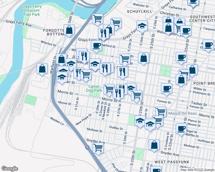 map of restaurants, bars, coffee shops, grocery stores, and more near 1544 South Newkirk Street in Philadelphia