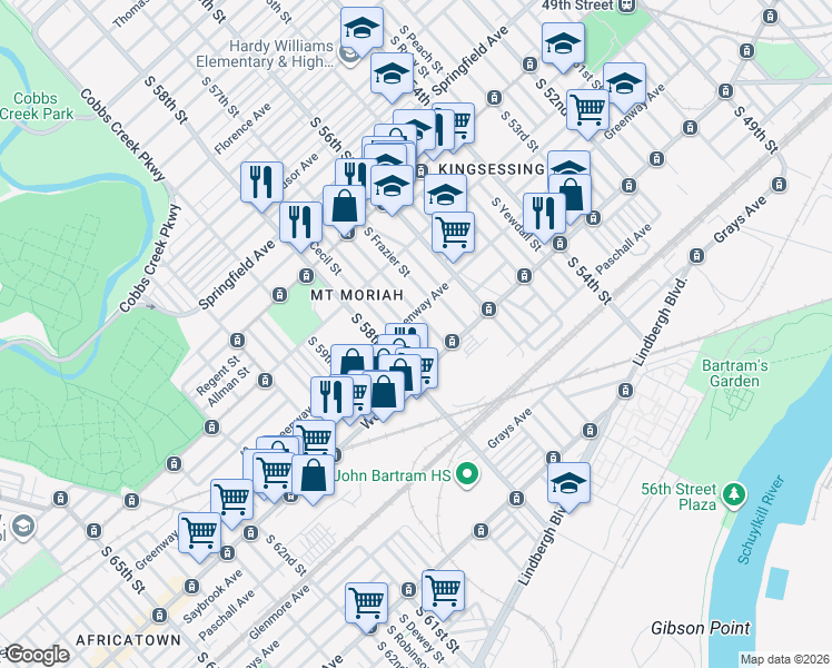map of restaurants, bars, coffee shops, grocery stores, and more near 2056 South 57th Street in Philadelphia