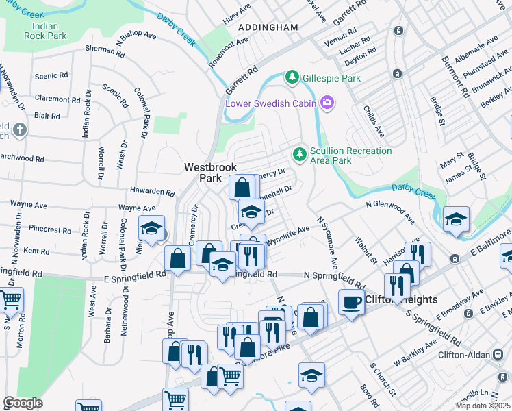 map of restaurants, bars, coffee shops, grocery stores, and more near 5213 Whitehall Drive in Clifton Heights