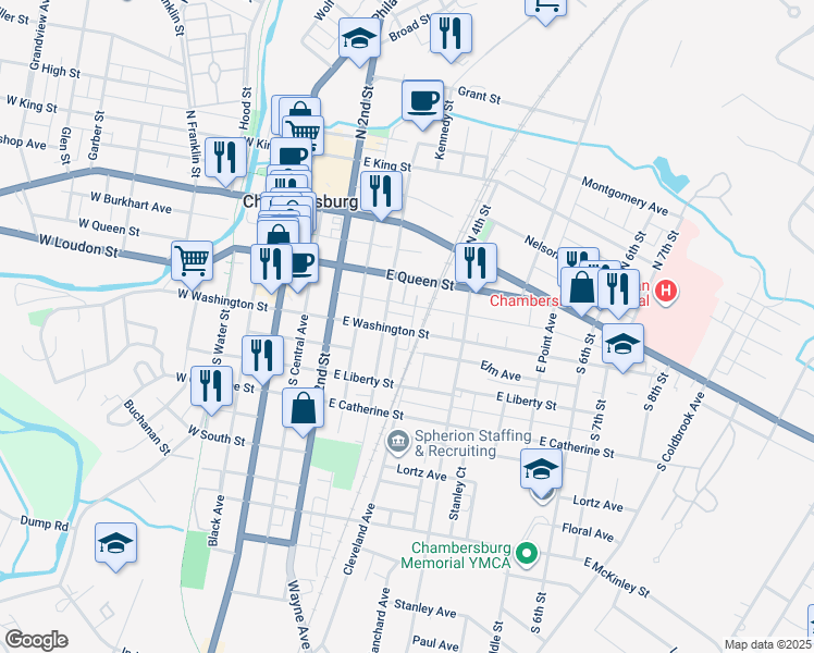 map of restaurants, bars, coffee shops, grocery stores, and more near 326 East Ludwig Avenue in Chambersburg