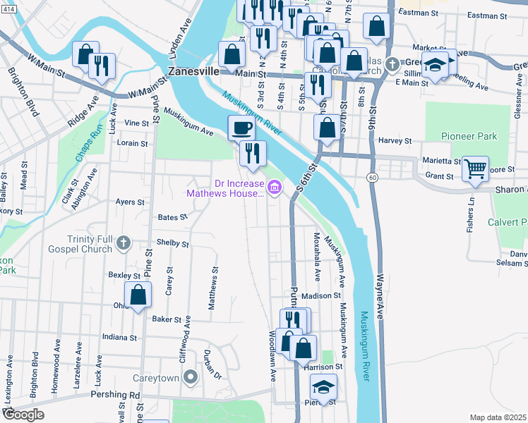 map of restaurants, bars, coffee shops, grocery stores, and more near 322 Washington Street in Zanesville