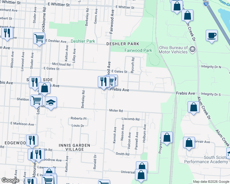 map of restaurants, bars, coffee shops, grocery stores, and more near 1578 Fairwood Avenue in Columbus