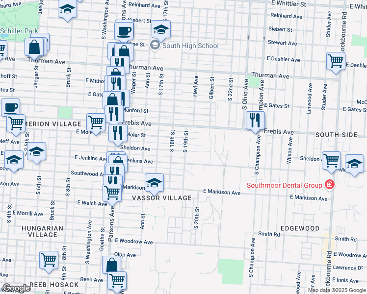 map of restaurants, bars, coffee shops, grocery stores, and more near 652 East Moler Street in Columbus