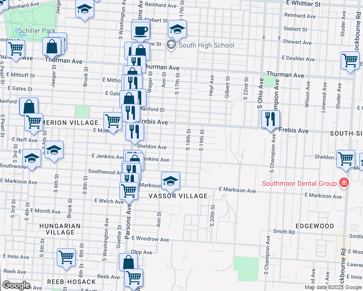 map of restaurants, bars, coffee shops, grocery stores, and more near 585 East Moler Street in Columbus
