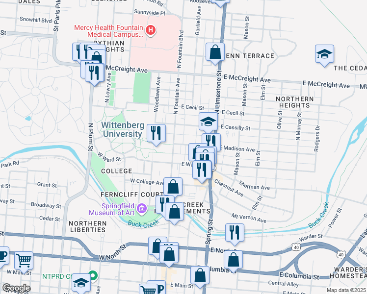map of restaurants, bars, coffee shops, grocery stores, and more near 50 East Madison Avenue in Springfield