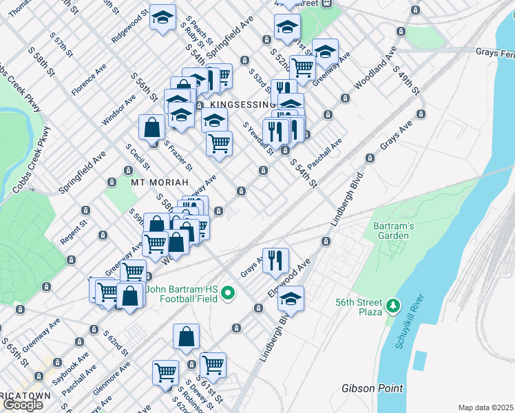 map of restaurants, bars, coffee shops, grocery stores, and more near 2045 South 56th Street in Philadelphia