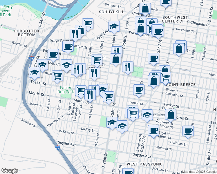 map of restaurants, bars, coffee shops, grocery stores, and more near 2600 Wilder Street in Philadelphia