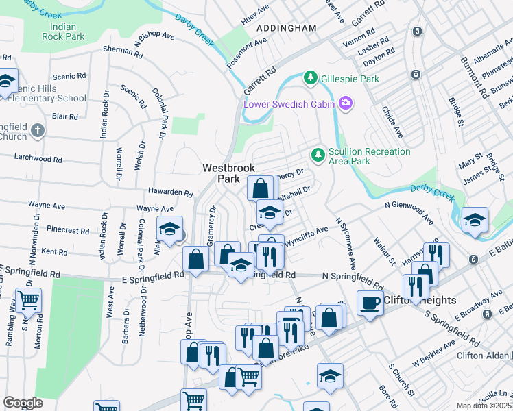 map of restaurants, bars, coffee shops, grocery stores, and more near 296 North Oak Avenue in Clifton Heights