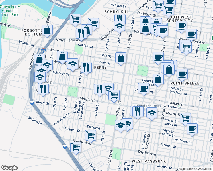 map of restaurants, bars, coffee shops, grocery stores, and more near 1522 South Bailey Street in Philadelphia