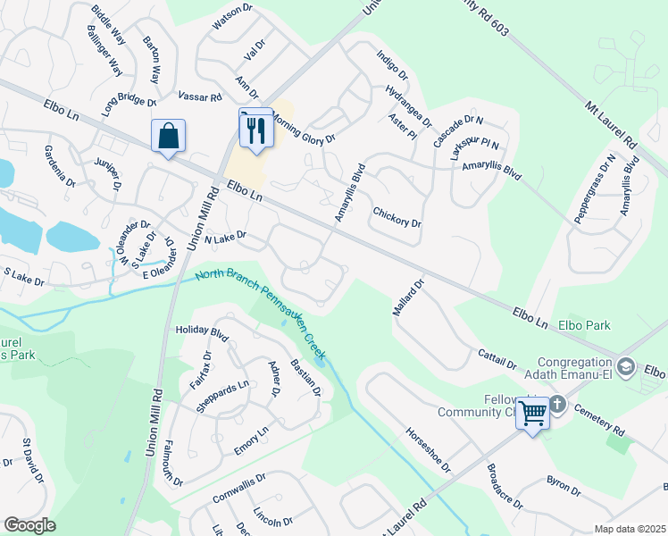 map of restaurants, bars, coffee shops, grocery stores, and more near 5 Eddystone Way in Mount Laurel Township