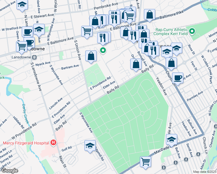 map of restaurants, bars, coffee shops, grocery stores, and more near 322 Elder Avenue in Yeadon