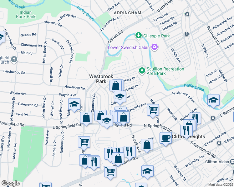 map of restaurants, bars, coffee shops, grocery stores, and more near 295 North Oak Avenue in Clifton Heights