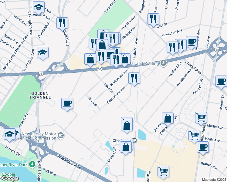 map of restaurants, bars, coffee shops, grocery stores, and more near 728 Beechwood Avenue in Cherry Hill