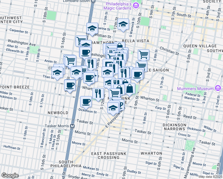 map of restaurants, bars, coffee shops, grocery stores, and more near 1118 Titan Street in Philadelphia