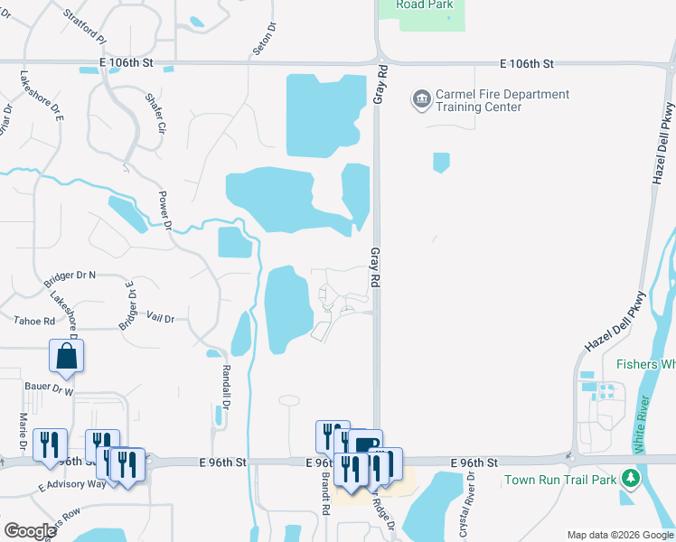 map of restaurants, bars, coffee shops, grocery stores, and more near Grand Haven Lane in Indianapolis