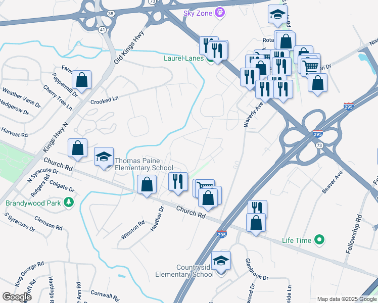 map of restaurants, bars, coffee shops, grocery stores, and more near 31 South Church Road in Maple Shade