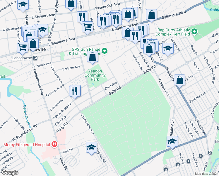 map of restaurants, bars, coffee shops, grocery stores, and more near 322 Elder Avenue in Yeadon