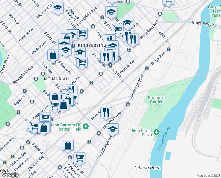 map of restaurants, bars, coffee shops, grocery stores, and more near 5506 Linmore Avenue in Philadelphia
