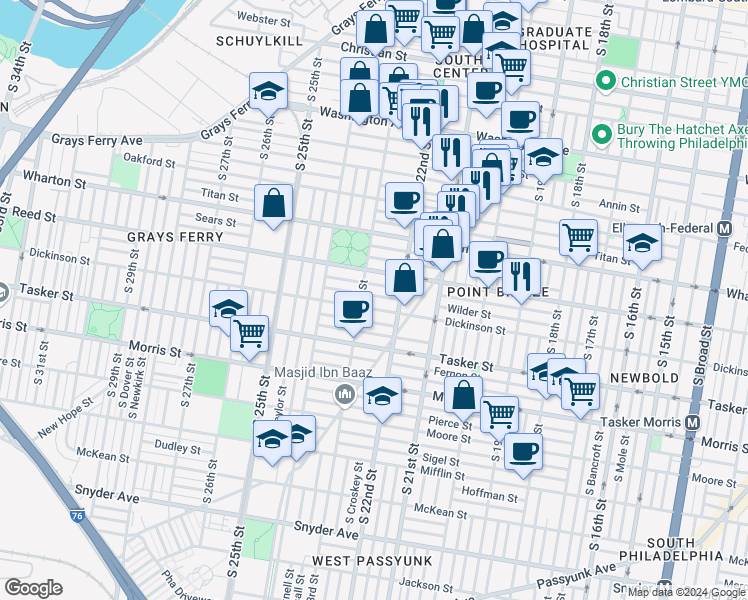 map of restaurants, bars, coffee shops, grocery stores, and more near 2240 Wilder Street in Philadelphia