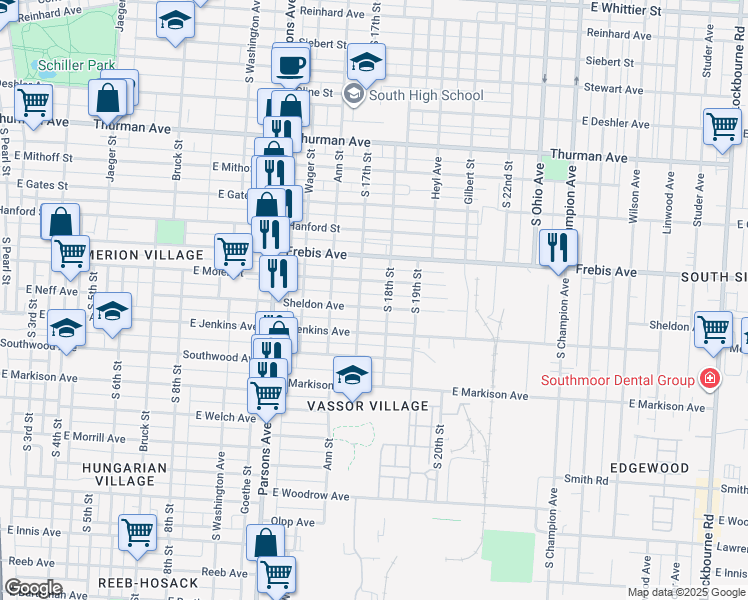 map of restaurants, bars, coffee shops, grocery stores, and more near 585 East Moler Street in Columbus