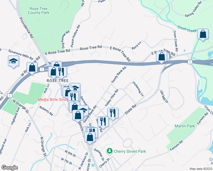 map of restaurants, bars, coffee shops, grocery stores, and more near 410 Sandy Bank Road in Media