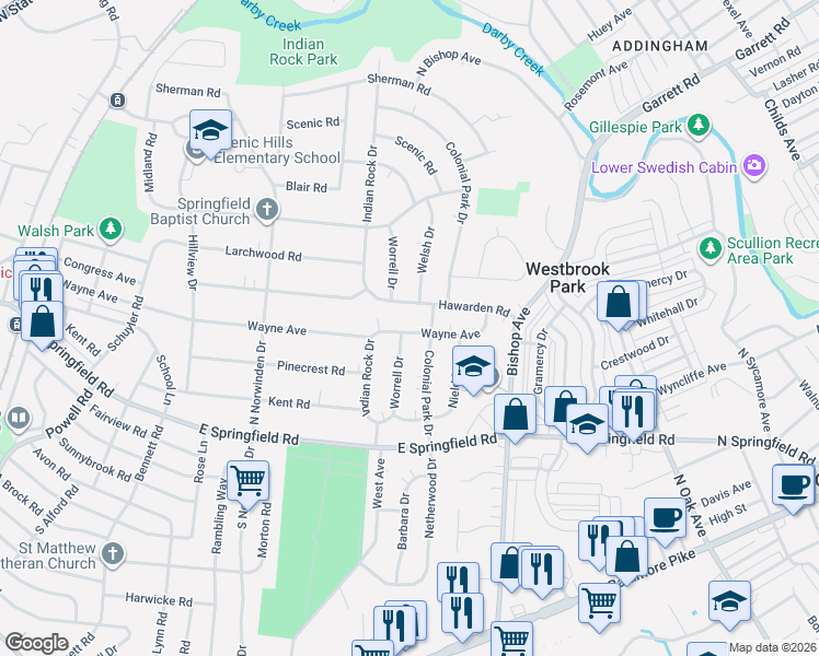map of restaurants, bars, coffee shops, grocery stores, and more near 530 Hawarden Road in Springfield