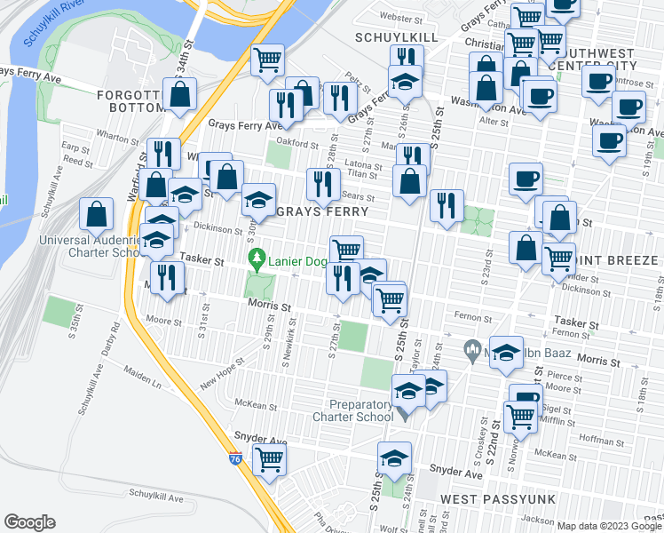 map of restaurants, bars, coffee shops, grocery stores, and more near 1530 South Etting Street in Philadelphia
