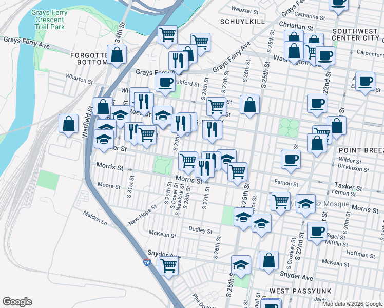 map of restaurants, bars, coffee shops, grocery stores, and more near 1509 South Dover Street in Philadelphia