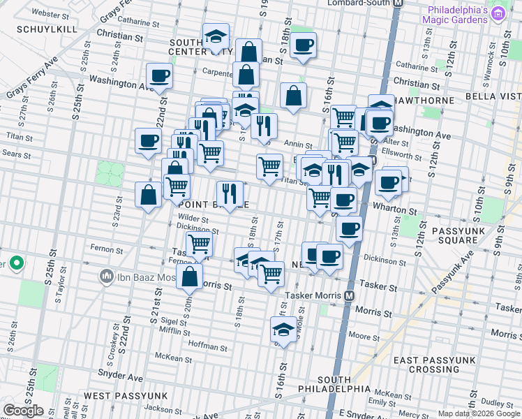 map of restaurants, bars, coffee shops, grocery stores, and more near 1317 South 18th Street in Philadelphia