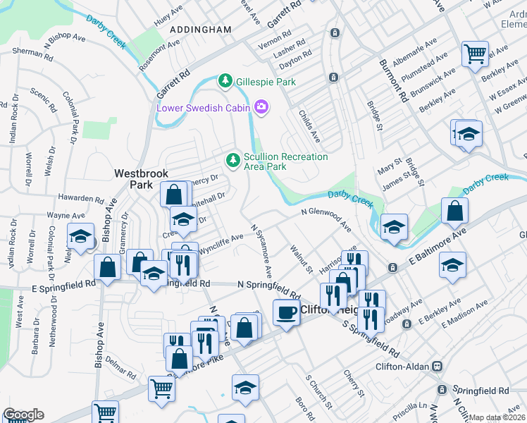map of restaurants, bars, coffee shops, grocery stores, and more near 455 North Sycamore Avenue in Clifton Heights