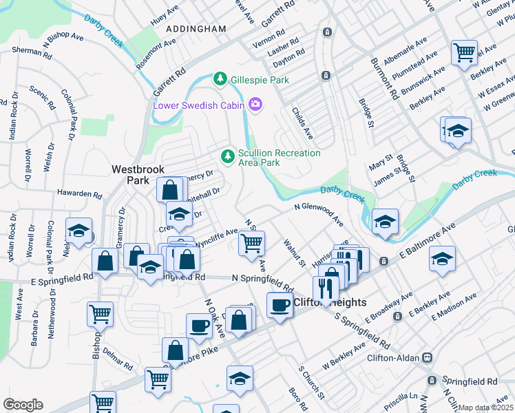 map of restaurants, bars, coffee shops, grocery stores, and more near 311 North Sycamore Avenue in Clifton Heights