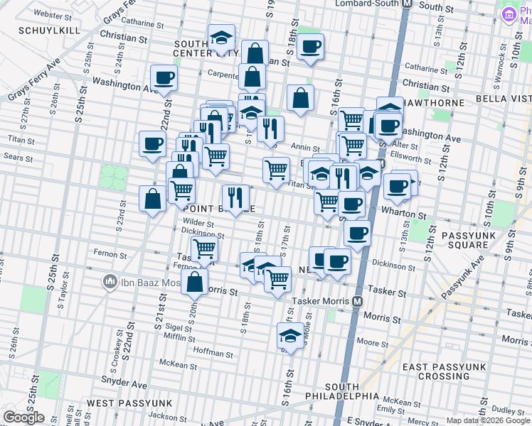 map of restaurants, bars, coffee shops, grocery stores, and more near 1317 South 18th Street in Philadelphia