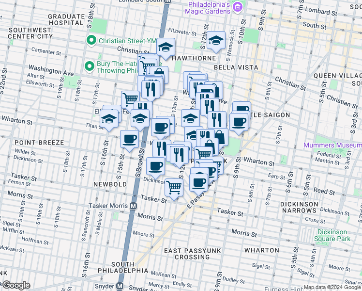 map of restaurants, bars, coffee shops, grocery stores, and more near 1213 Wharton Street in Philadelphia