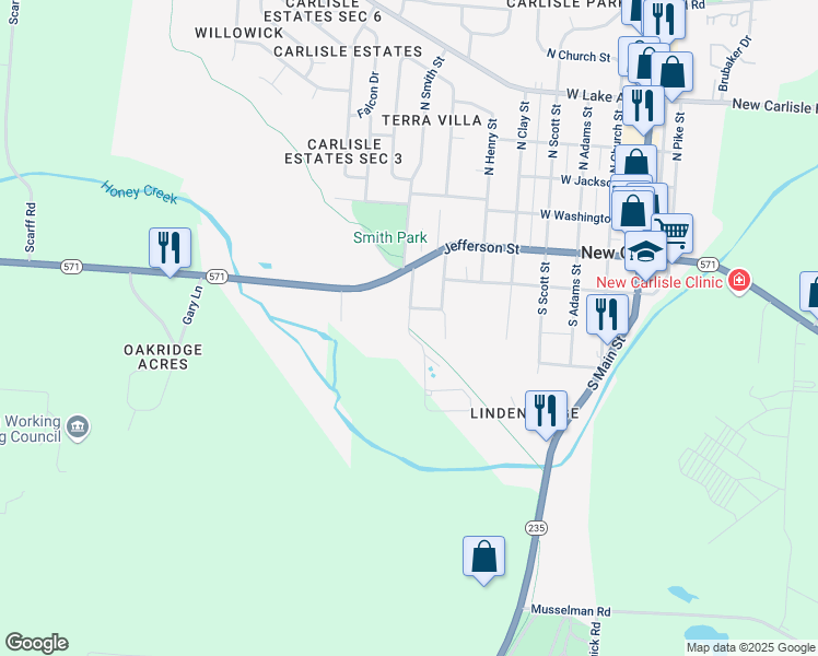 map of restaurants, bars, coffee shops, grocery stores, and more near Tecumseh Trail in New Carlisle