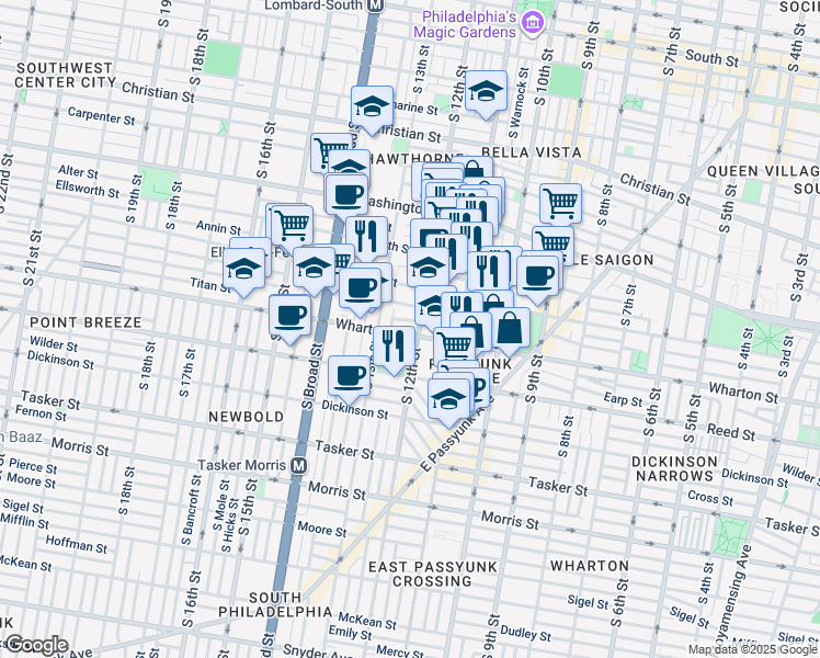 map of restaurants, bars, coffee shops, grocery stores, and more near 1209 Wharton Street in Philadelphia