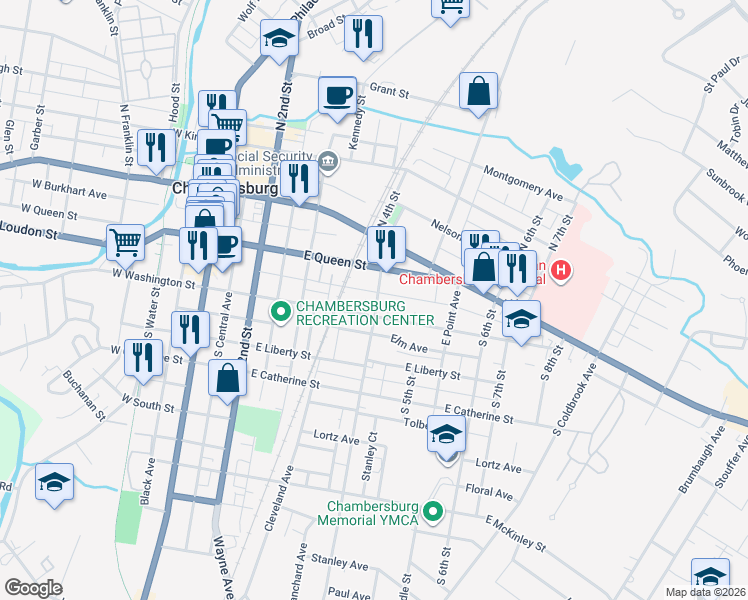 map of restaurants, bars, coffee shops, grocery stores, and more near 386 East Queen Street in Chambersburg