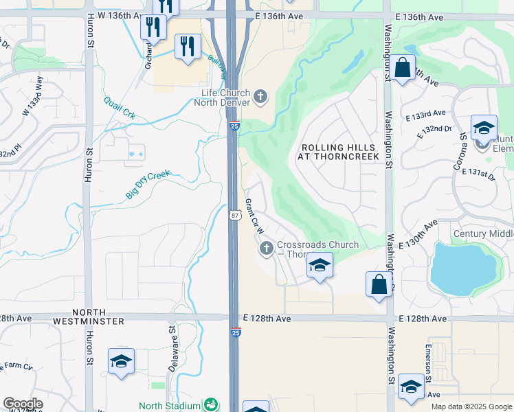 map of restaurants, bars, coffee shops, grocery stores, and more near 13180 Grant Circle West in Thornton