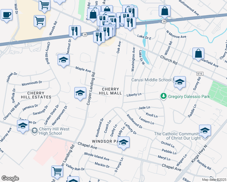 map of restaurants, bars, coffee shops, grocery stores, and more near 348 Oak Avenue in Cherry Hill