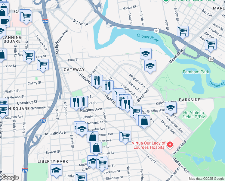 map of restaurants, bars, coffee shops, grocery stores, and more near 1120 Kenwood Avenue in Camden