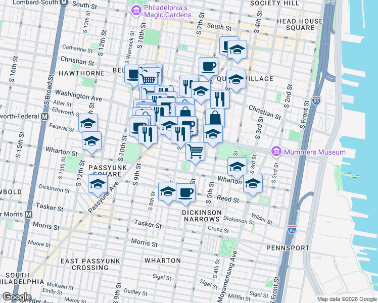 map of restaurants, bars, coffee shops, grocery stores, and more near 600 Washington Avenue in Philadelphia