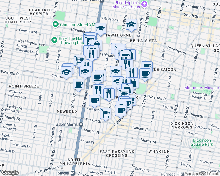map of restaurants, bars, coffee shops, grocery stores, and more near 1213 Wharton Street in Philadelphia