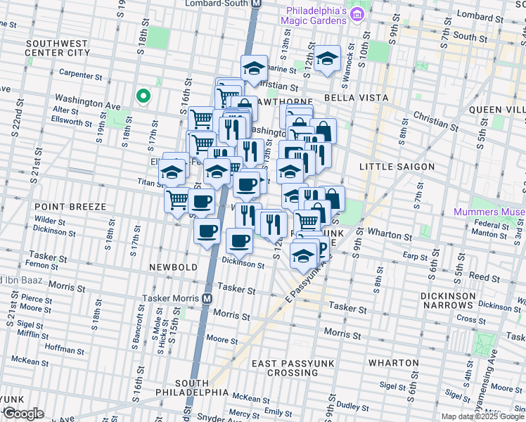 map of restaurants, bars, coffee shops, grocery stores, and more near 1221 South 13th Street in Philadelphia