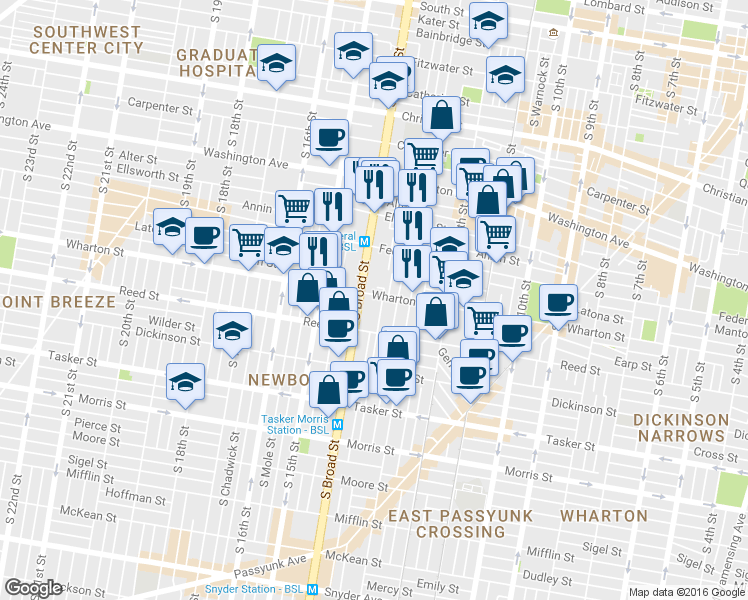 map of restaurants, bars, coffee shops, grocery stores, and more near 1234 South Juniper Street in Philadelphia