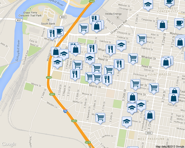 map of restaurants, bars, coffee shops, grocery stores, and more near 1509 South Dover Street in Philadelphia