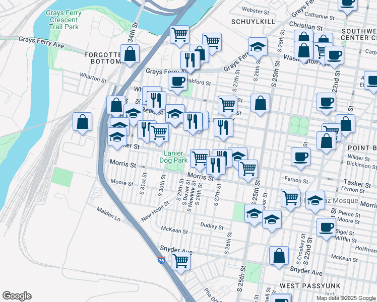 map of restaurants, bars, coffee shops, grocery stores, and more near 1509 South Dover Street in Philadelphia